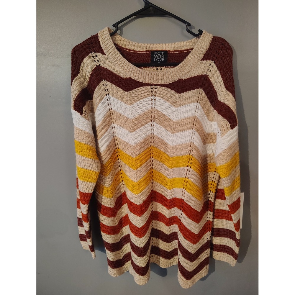 FCT WITH LOVE Women 1X Chevron Stripe Pointelle Knit Sweater Multicolor